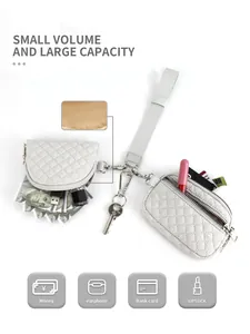 Quilted light grey wristlet pouch set showing money, card, and lipstick storage detail