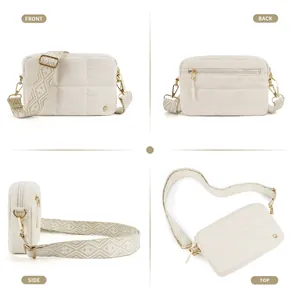 Cream quilted puffer crossbody bag with geometric wide strap shown in four-view layout
