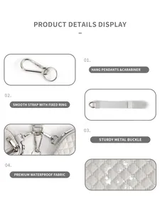 Detail of grey quilted wristlet with waterproof fabric and silver metal carabiner clip