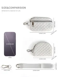 Detailed view of light gray quilted wristlet set with specific size measurements