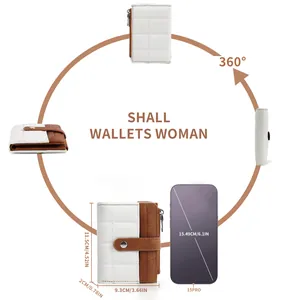 Quilted white and brown leather wallet with dimensions 4.52x3.66in from multiple angles