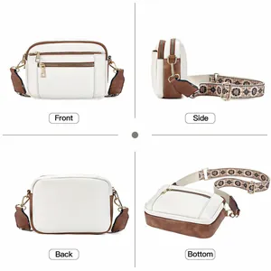 Multi-view of two-tone crossbody bag with wide floral strap and zipper pockets