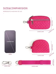 Detailed size chart for quilted mini wristlet pouch with dimensions and iPhone comparison