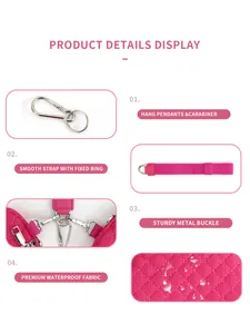 Close-up of rose pink quilted wristlet wallet featuring premium carabiner and strap