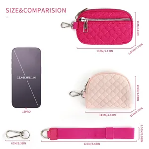 Size chart for stylish quilted mini wristlet pouch with measurements for phone comparison