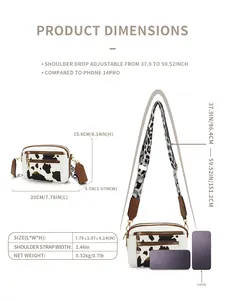 Detailed size chart showing dimensions for cow print crossbody bag with adjustable strap