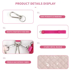 Waterproof quilted fabric and metal carabiner detail on stylish mini wrist pouch