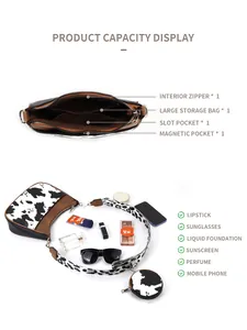 Detailed interior structure of cow print crescent bag with multiple storage compartments