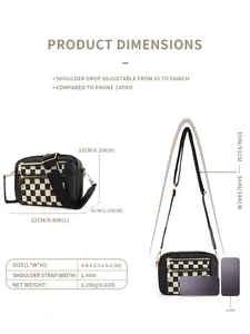 Tableau des tailles avec dimensions 22x16x6 cm pour sac bandoulière à damier