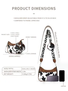 Detailed size chart of cow print crossbody bag with dimensions and phone size comparison