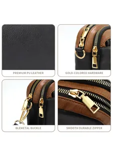 Macro detail of premium PU leather texture and gold-colored hardware on the crossbody bag