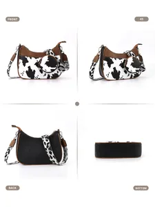 Multi-angle view of cow print crescent bag with wide strap and round coin purse pouch