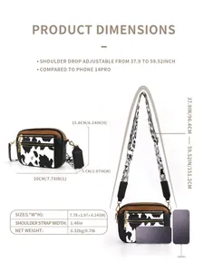 Size chart showing dimensions of the cow print crossbody bag with adjustable strap length