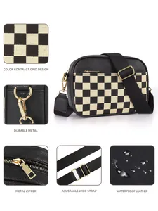 Detail showing waterproof leather texture and adjustable strap of the checkered crossbody bag
