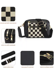 Détail du sac à bandoulière à damier noir et blanc avec fermetures éclair dorées