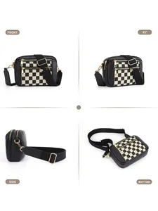 Vues multi-angles d'un sac bandoulière à damier avec sangle réglable et détails dorés