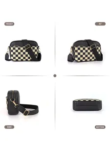 Multi-angle view of checkerboard crossbody camera bag showing front, side, and bottom