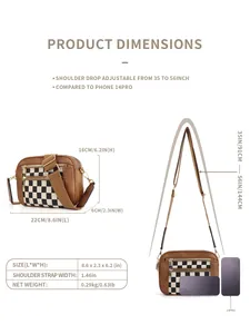 Tableau des tailles détaillé du sac à damier montrant dimensions 22x6x16cm et sangle