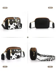 Multi-angle views of a cow print crossbody bag with adjustable wide strap and PU leather