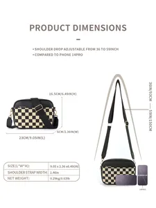 Detailed size chart showing checkerboard crossbody bag dimensions and strap length