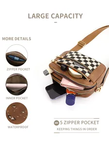 Sac bandoulière en PU marron à damier avec cinq compartiments zippés fonctionnels