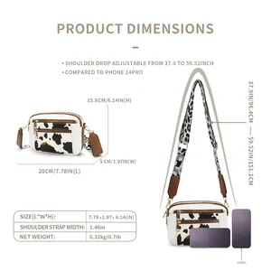 Cow print crossbody bag size guide with dimensions and adjustable strap details