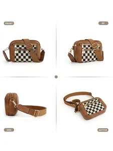 Vues détaillées du sac bandoulière en cuir PU marron avec motif damier et sangle réglable