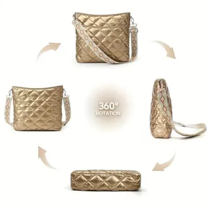 Champagne gold quilted down crossbody bag with patterned strap shown in 360-degree views
