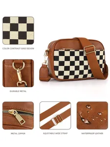 Detail view of checkerboard pattern shoulder bag with golden hardware and wide strap