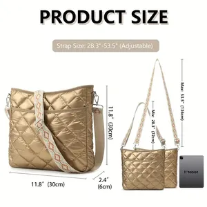 Waterproof nylon quilted crossbody bag shown with size dimensions and adjustable strap