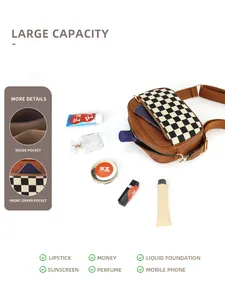 Macro view of checkered camera bag interior pockets and everyday cosmetic storage
