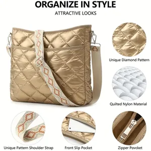 Golden quilted nylon crossbody bag with wide geometric strap and front pocket