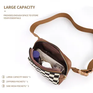 Checkerboard nylon belt bag with adjustable strap and multi-pocket interior storage