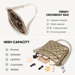 Quilted nylon crossbody bag in bronze finish with ethnic embroidery strap and large capacity