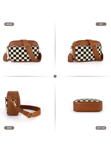 Detailed views of checkered crossbody camera bag from front, side, and bottom angles