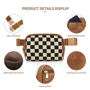 Checkerboard nylon belt bag with adjustable strap and premium leather trim for outdoor sports