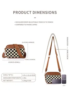 Detailed size guide for checkerboard crossbody bag with adjustable strap and measurements