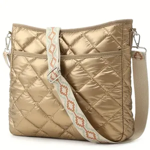 Women's Quilted Nylon Crossbody Bag Metallic Diamond Pattern Waterproof Messenger Bag With Wide Adjustable Shoulder Strap