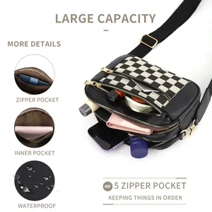 Sac bandoulière imperméable à damier avec 5 poches zippées et sangle réglable