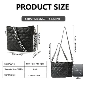 Detailed size chart for nylon crossbody bag showing 11.81x2.75x11.41 inch dimensions
