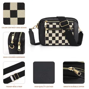 Sac bandoulière en similicuir noir et motif damier avec ferrures dorées chic
