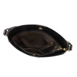 Minimalist black leather messenger bucket bag with gold hardware and multi-layer interior