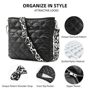 Detailed views of black quilted nylon crossbody bag with leopard print strap and pockets