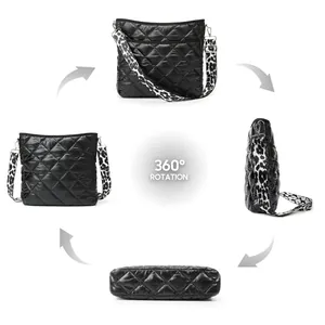 360-degree views of a black quilted crossbody bag with leopard print shoulder strap