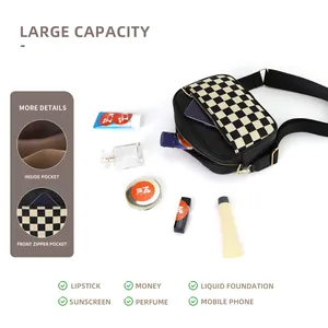 Checkboard crossbody camera bag with adjustable shoulder strap and large capacity