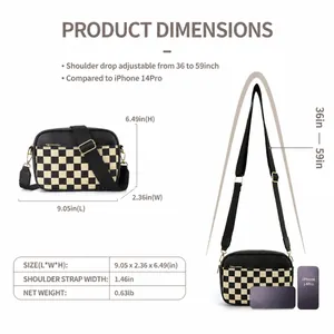 Size guide for checkered crossbody bag showing dimensions 23x16.5x6cm and adjustable strap
