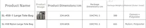Detailed size chart and material specifications for large checkerboard tote bag