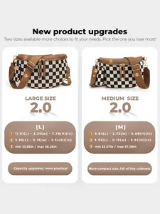 Size chart for checkerboard crossbody bag with large and medium dimensions and strap info