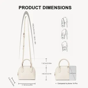 Sac bandoulière beige chic en forme de coquille pour femme avec dimensions et bandoulière