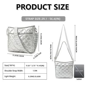 Detailed size chart for quilted nylon crossbody bag showing 11.81 inch width dimensions